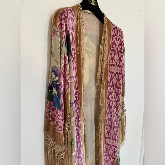 🍃 🌸 Velvet Burn-out Beaded Floral Fringe Kimono Jacket Robe Long Maxi Nude - Picture 7 of 10